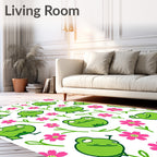 Playful Green Frogs Pink Flowers Rug