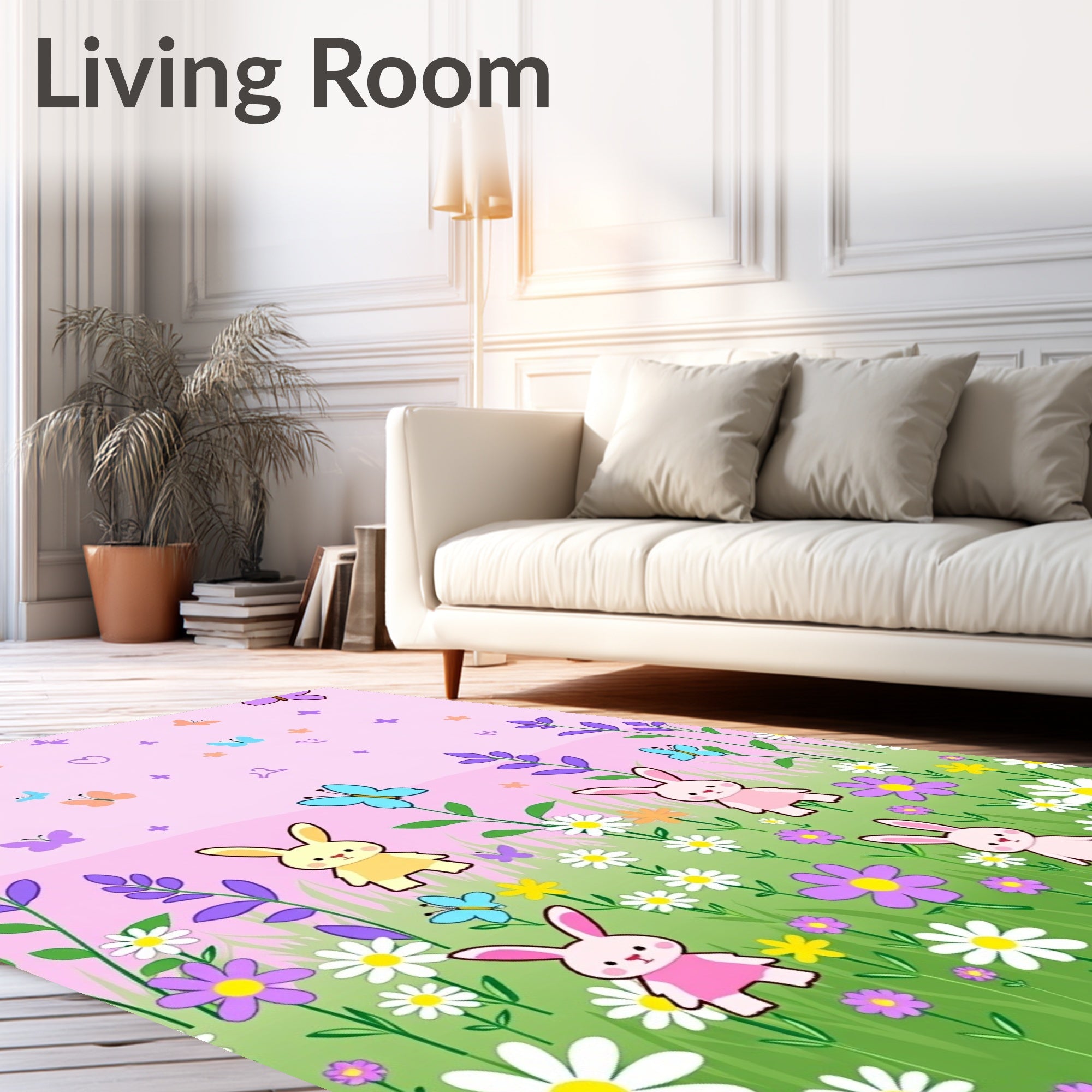 Whimsical Pink Garden Bunny Meadow Rug