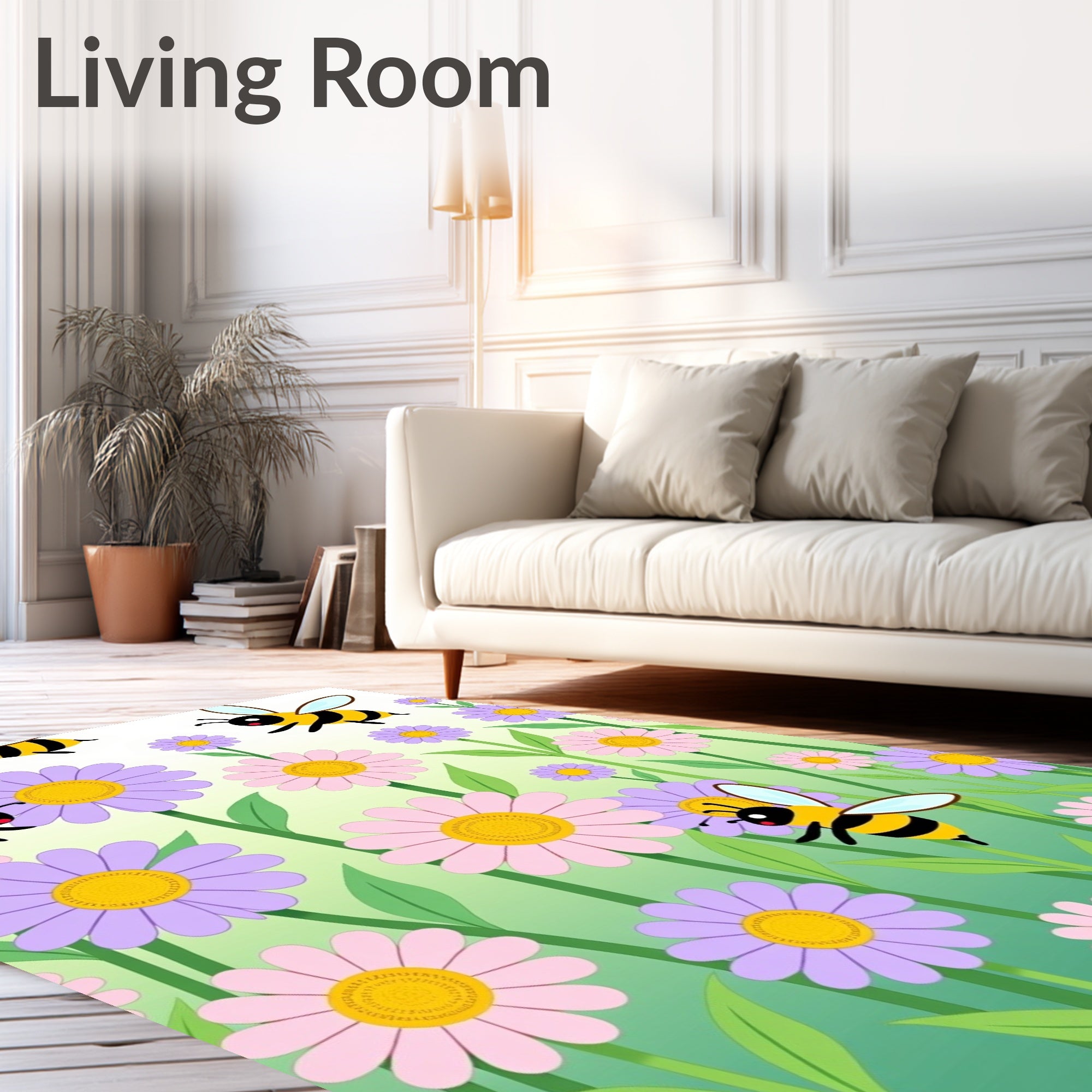 Whimsical Bees Amongst Pastel Daisies Rug