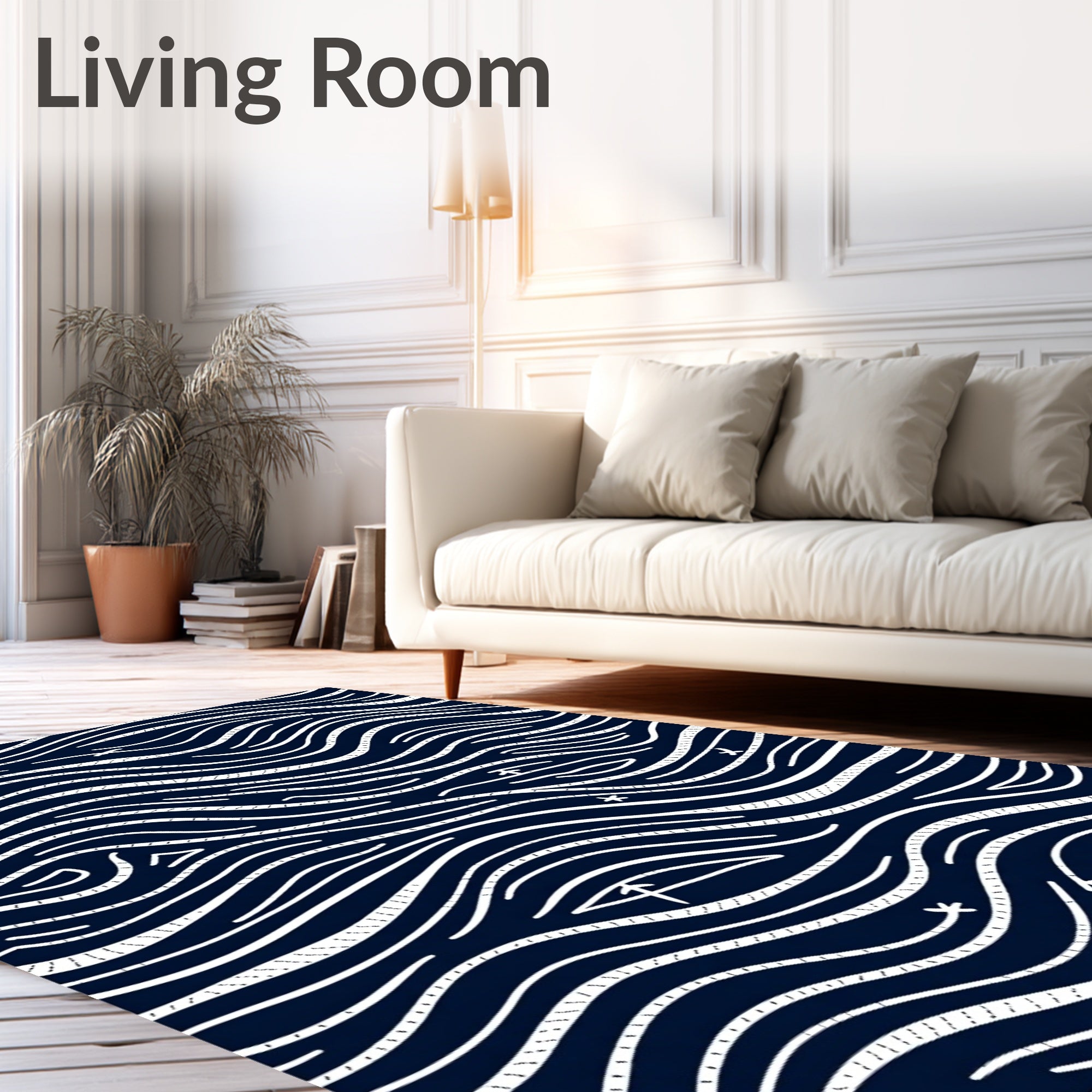 Navy White Wavy Stream Lines Rug