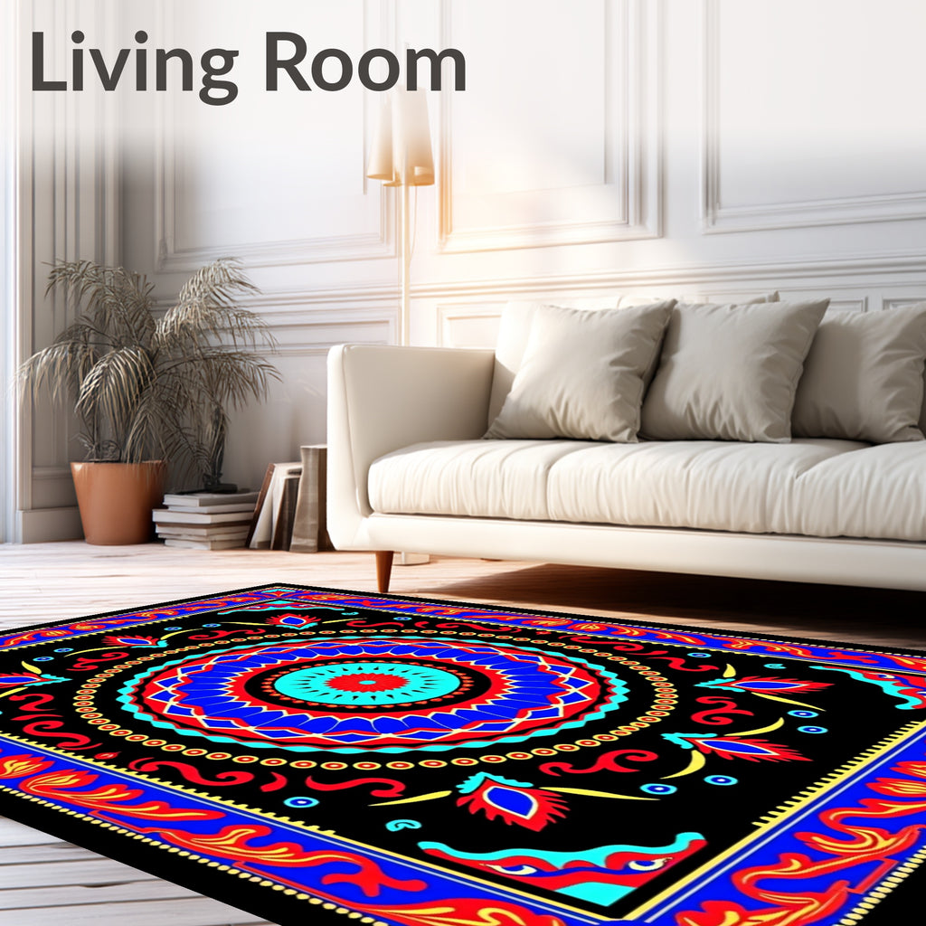Vibrant Red Blue Medallion Floral Border Rug