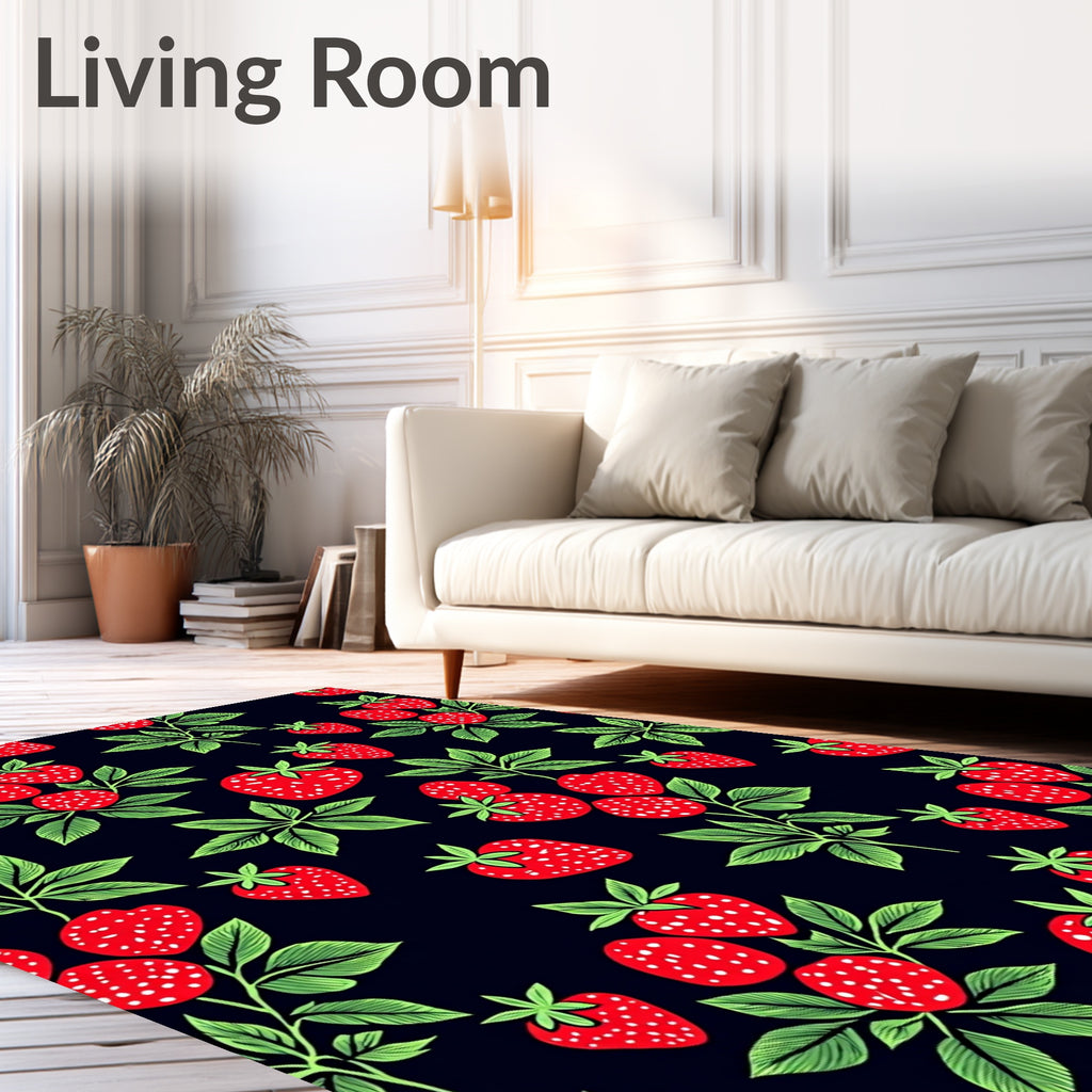 Red Strawberry Foliage Dark Background Rug