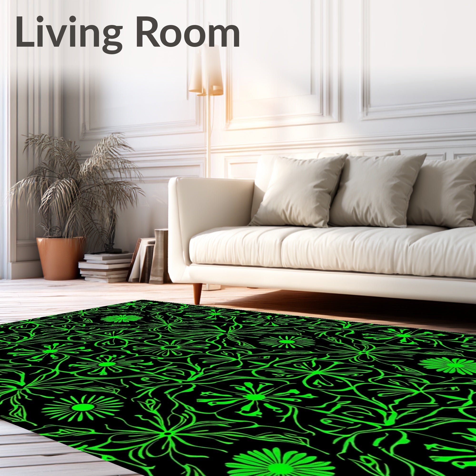 Vibrant Neon Green Floral Vines Rug