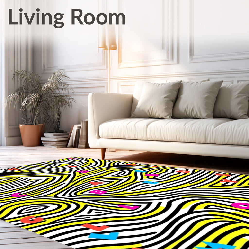 Bold Yellow White Alphabet Swirl Rug