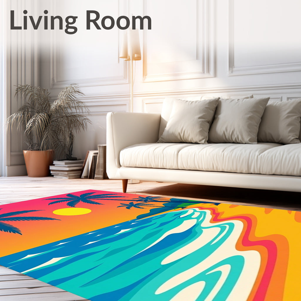 Tropical Sunset Palm Trees Ocean Waves Rug