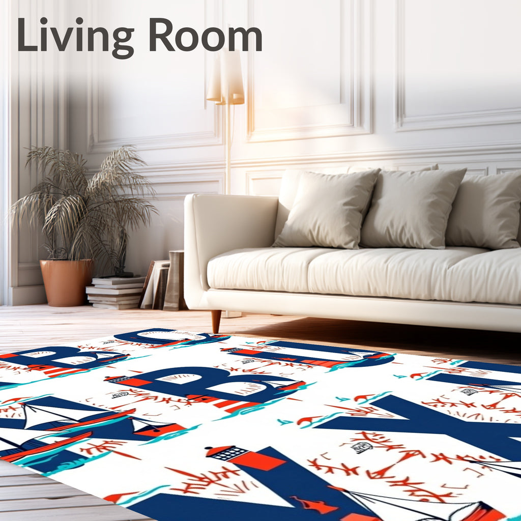 Nautical Ships Lighthouses Bold Blue Red Rug