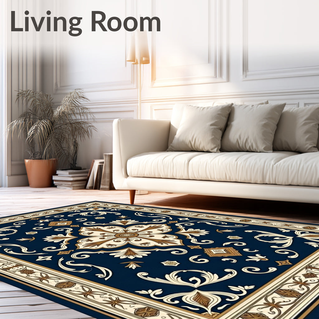 Deep Blue Ivory Floral Medallion Rug