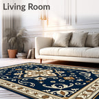 Deep Blue Ivory Floral Medallion Rug