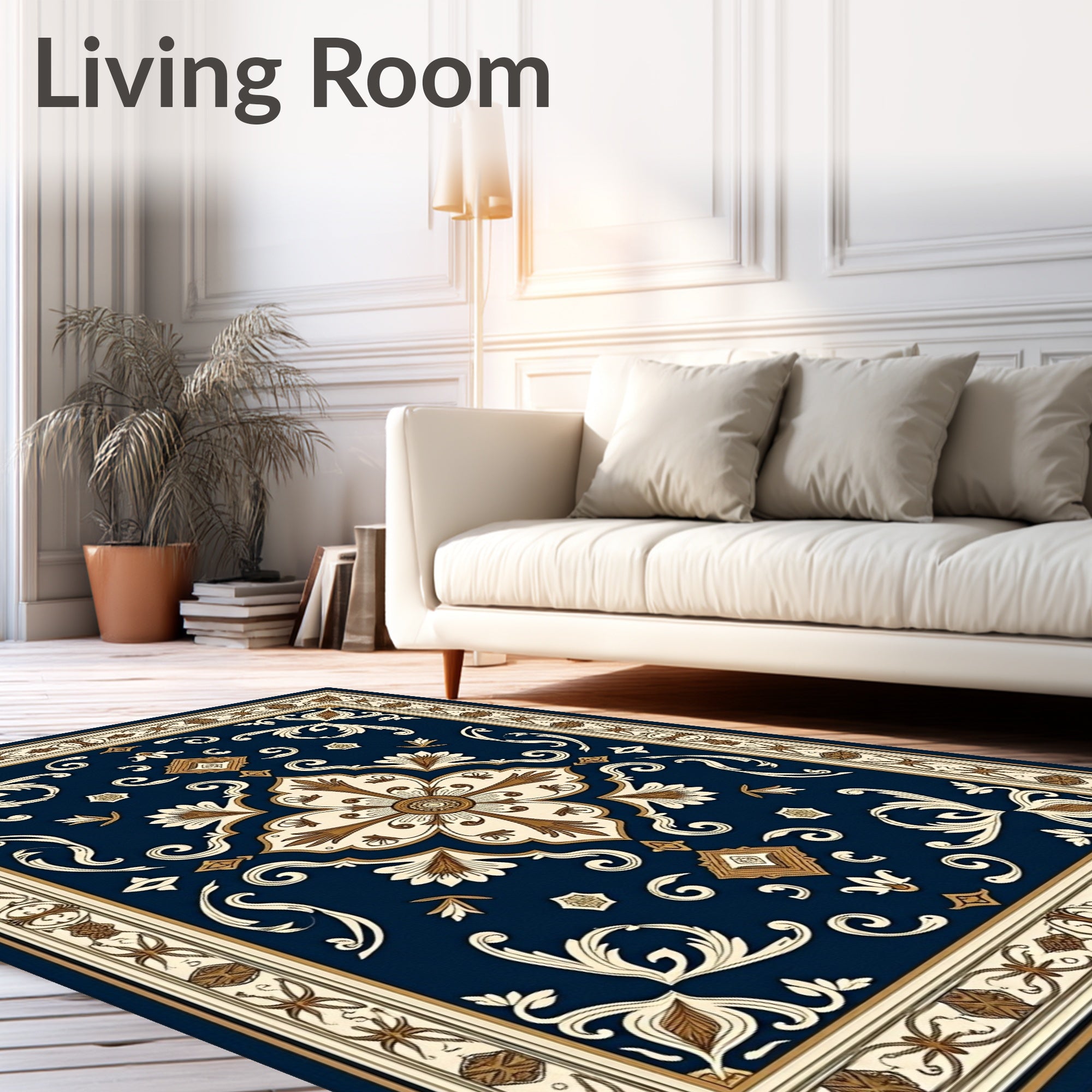 Deep Blue Ivory Floral Medallion Rug