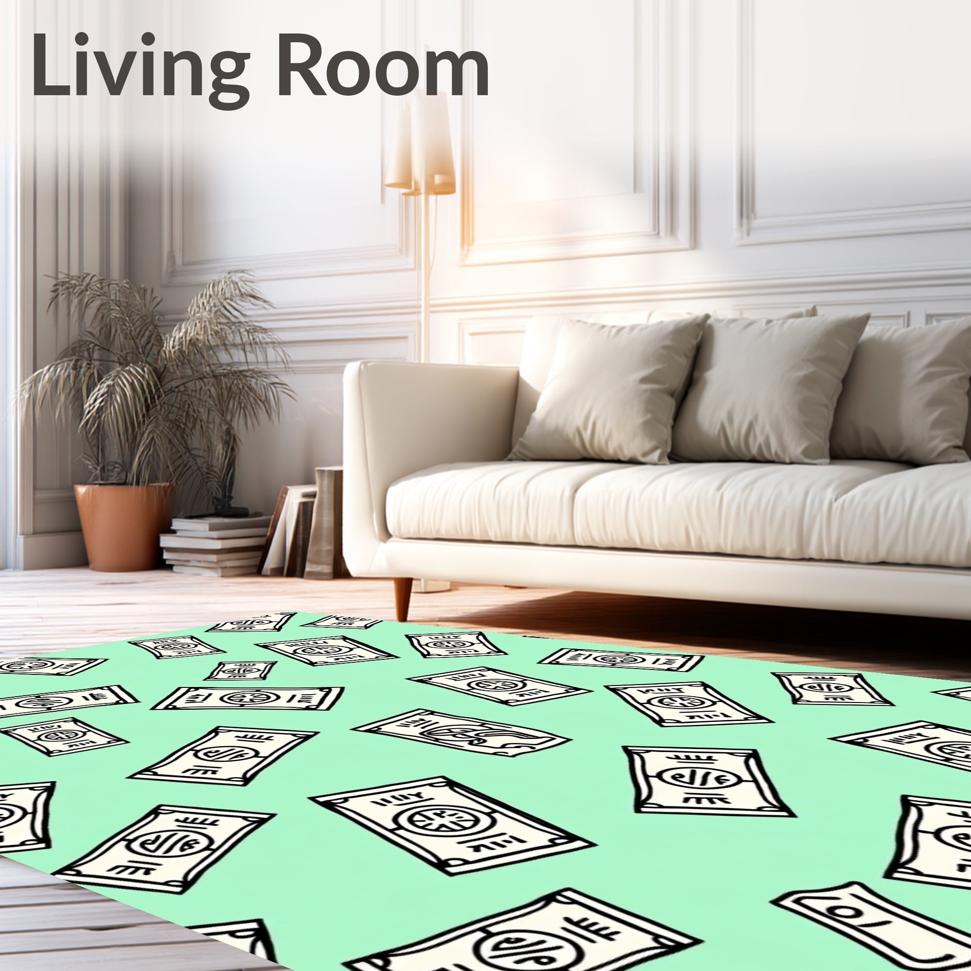 Mint Green Cartoon Money Bills Rug