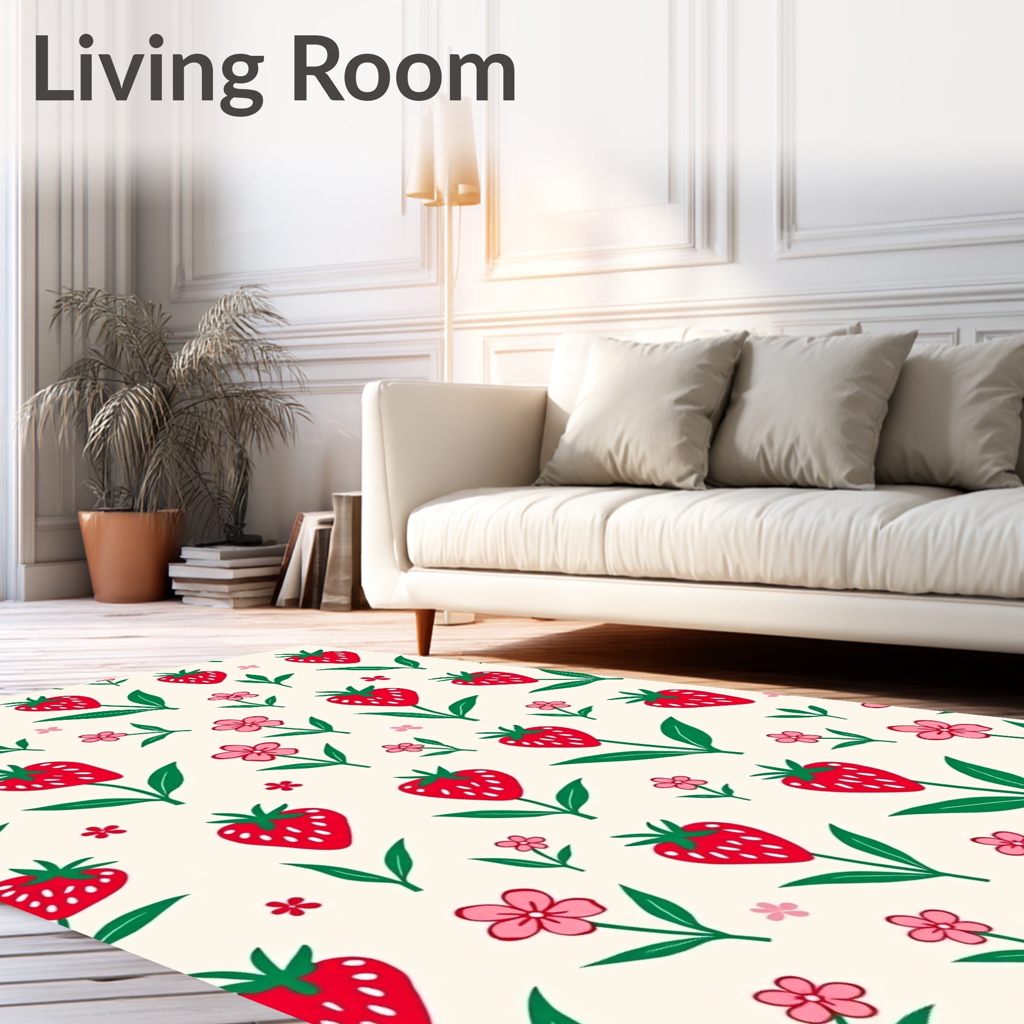 Red Strawberry Flower Cream Field Rug