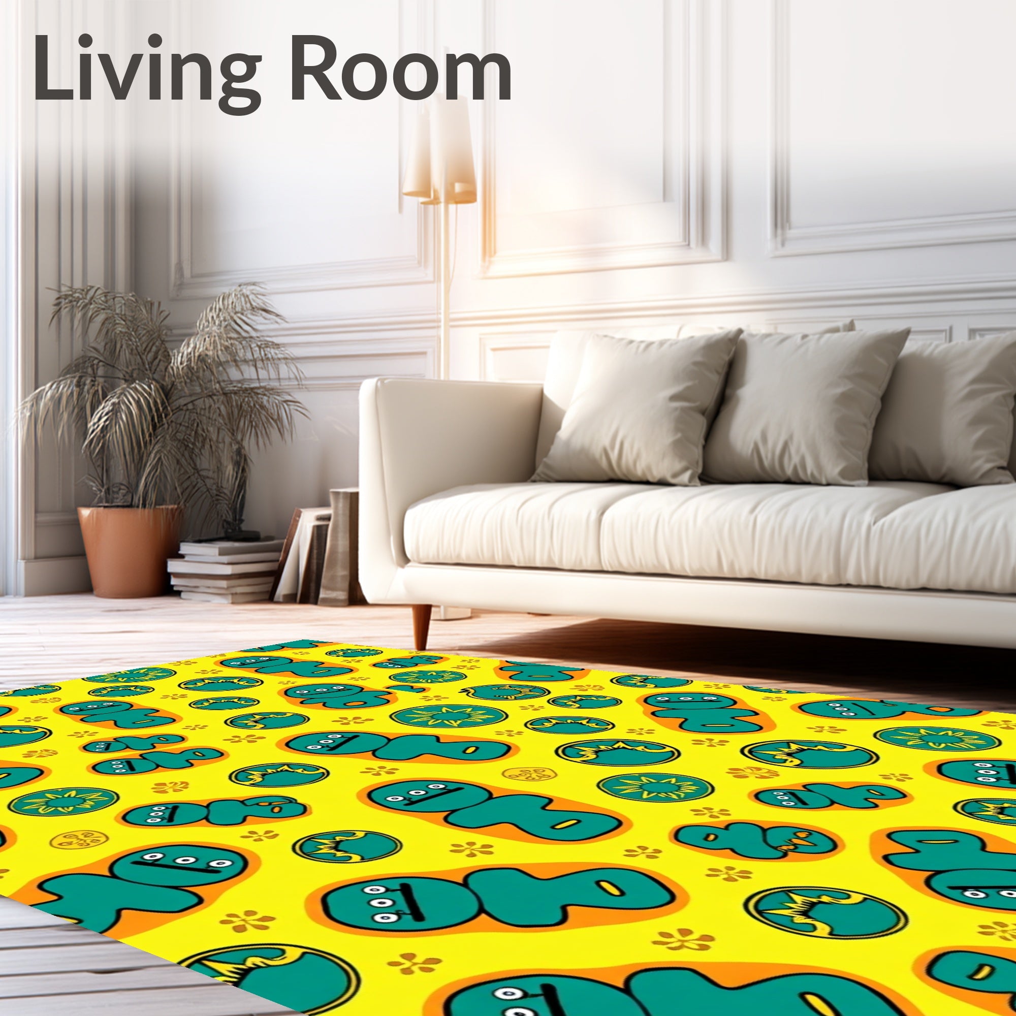 Whimsical Teal Figures Sunbursts Yellow Rug