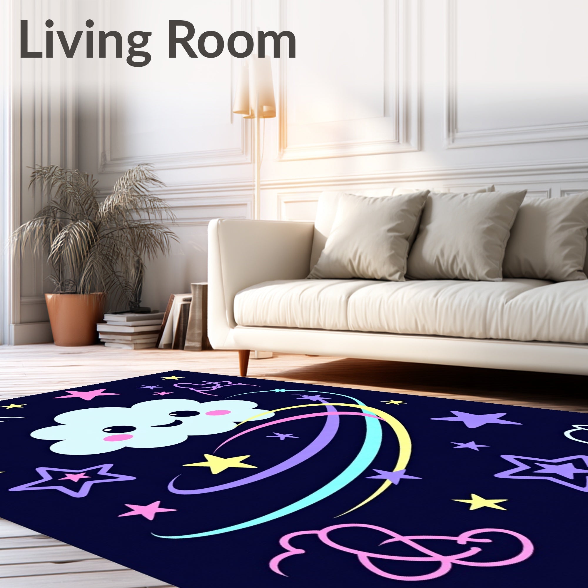 Whimsical Cloud And Stars Swirl Rug