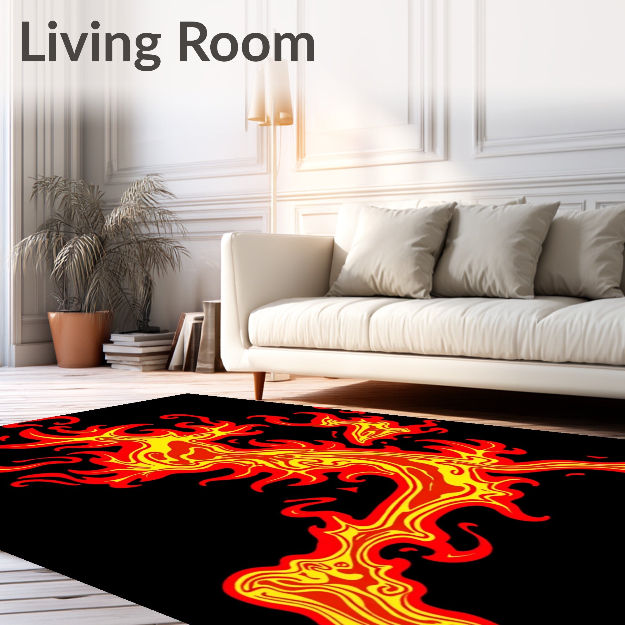 Crimson Yellow Swirling Flame Abstract Rug