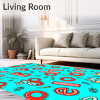 Red Letters Playful Kitties Turquoise Background Rug