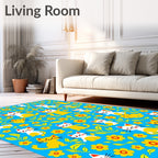 Blue Yellow Cat Floral Whimsy Rug