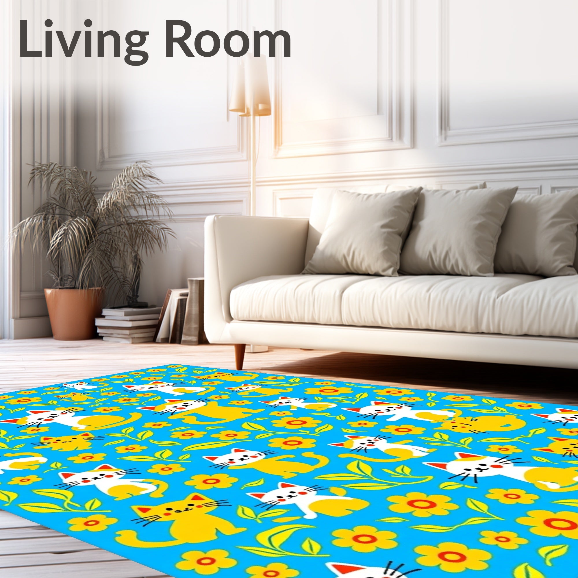 Blue Yellow Cat Floral Whimsy Rug