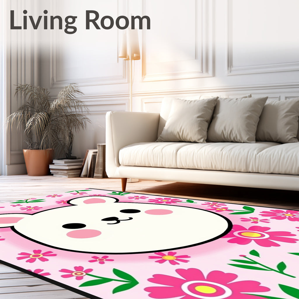 Cute White Bear Pink Floral Background Rug