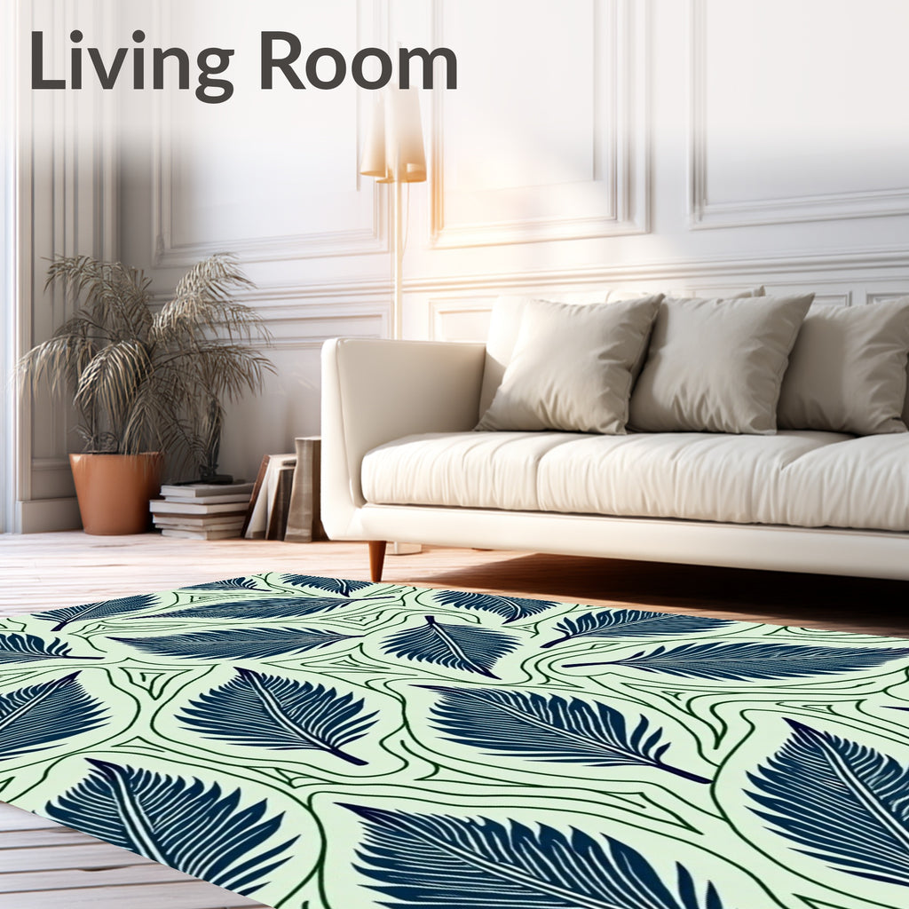 Navy Blue Feather Leaf Pattern Rug