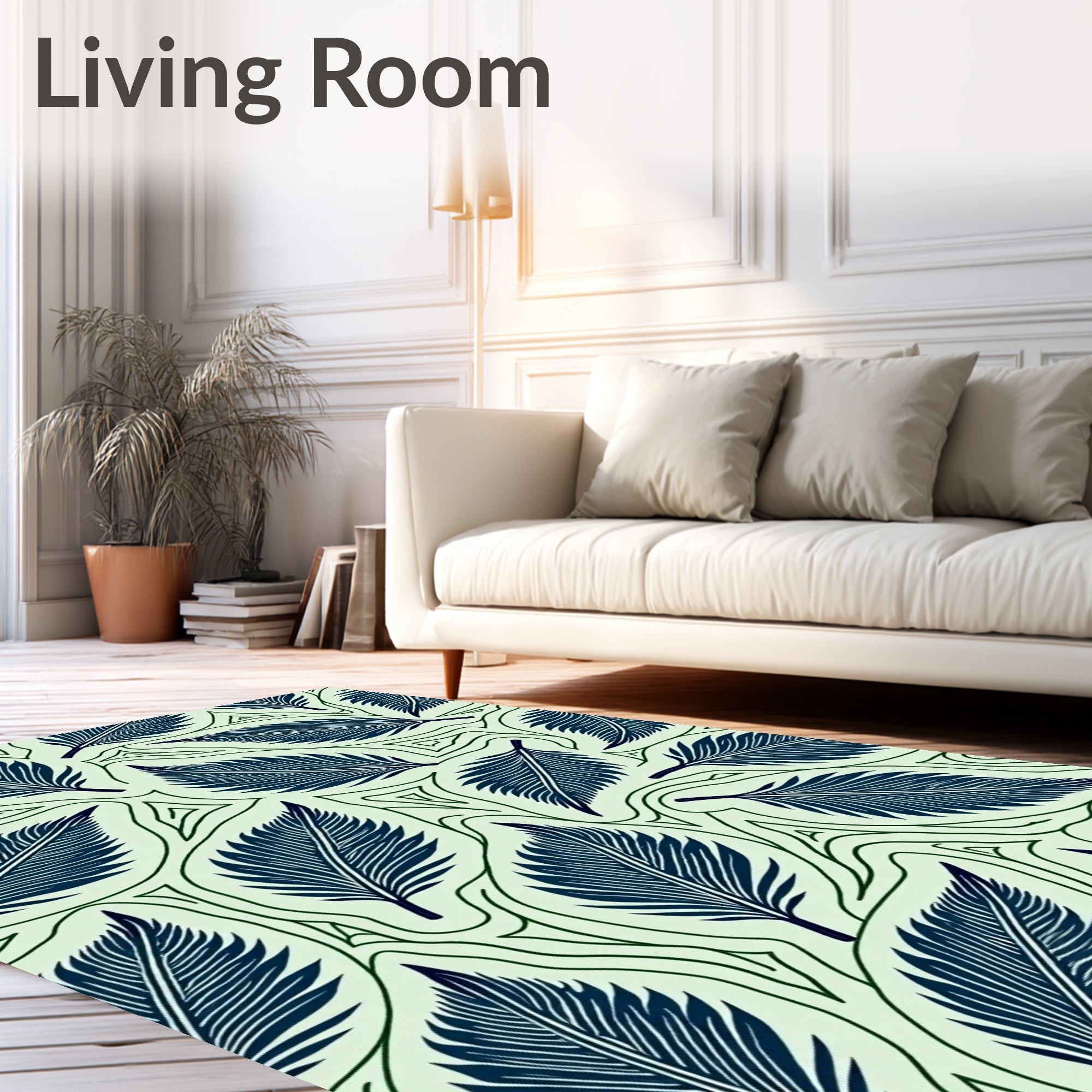 Navy Blue Feather Leaf Pattern Rug