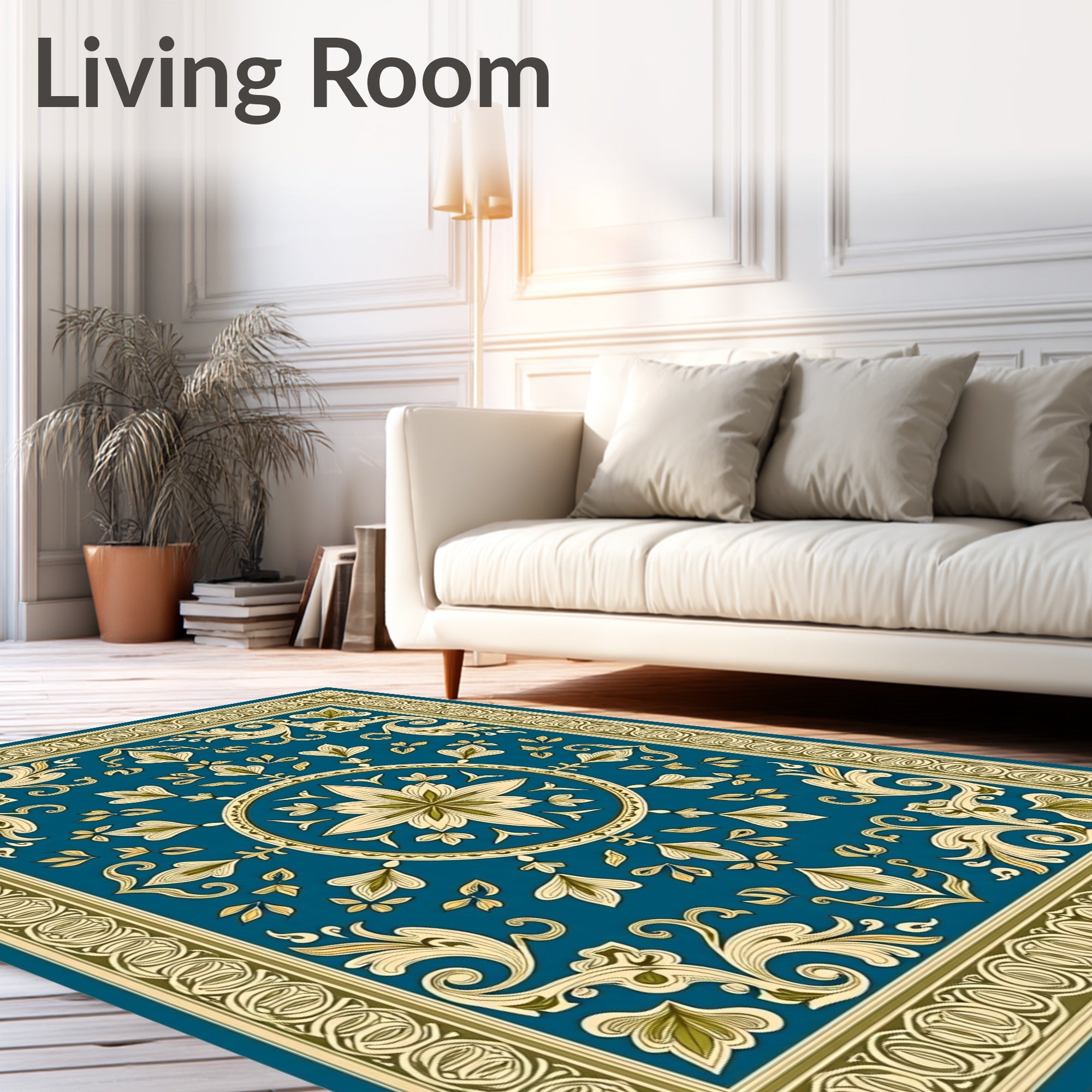 Teal Golden Floral Medallion Border Rug