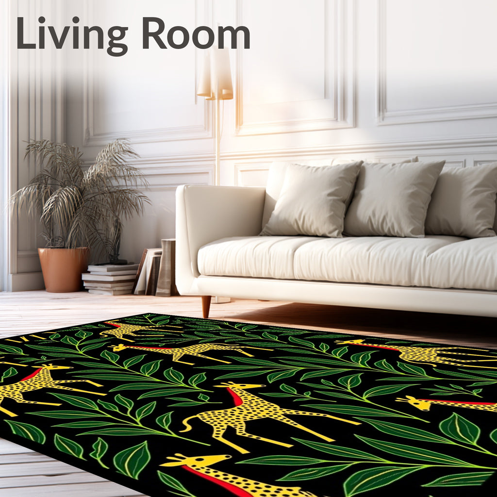 Yellow Giraffe Green Leaf Black Background Rug