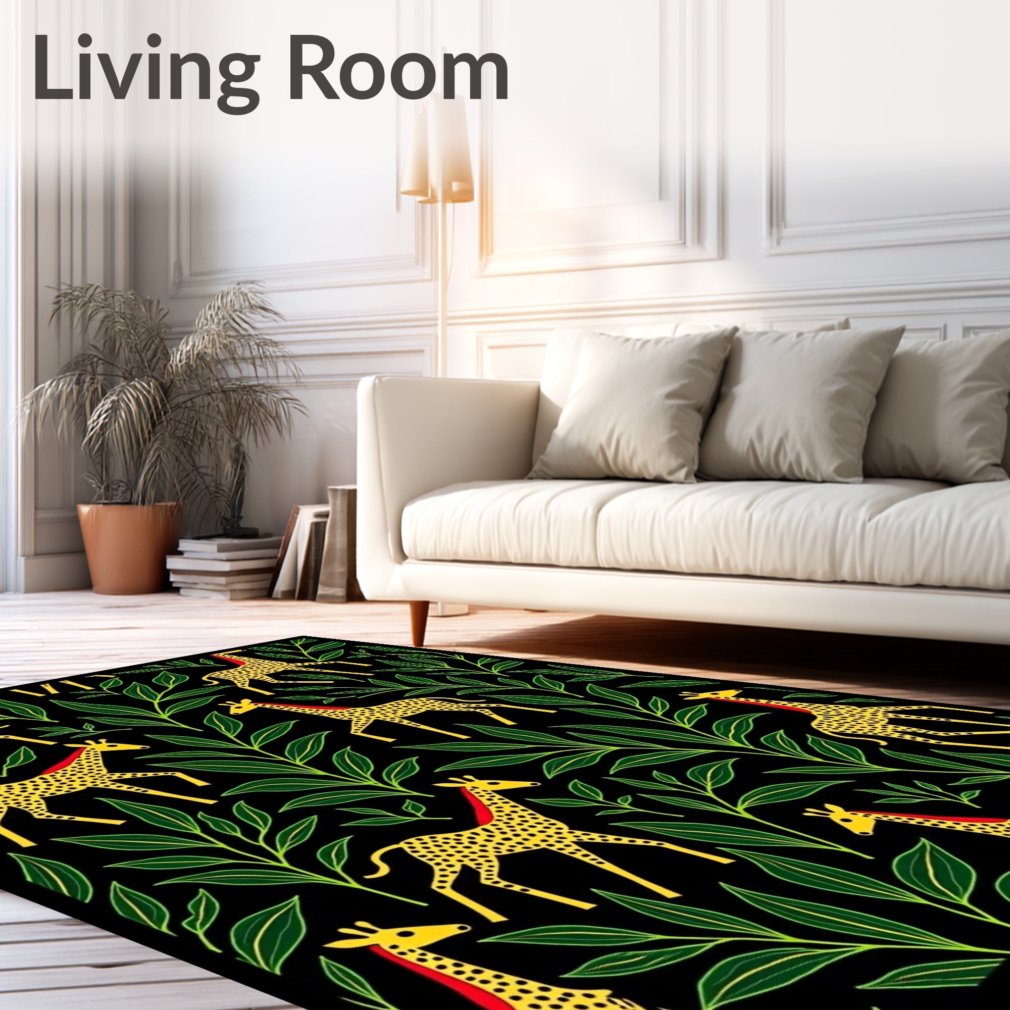 Yellow Giraffe Green Leaf Black Background Rug