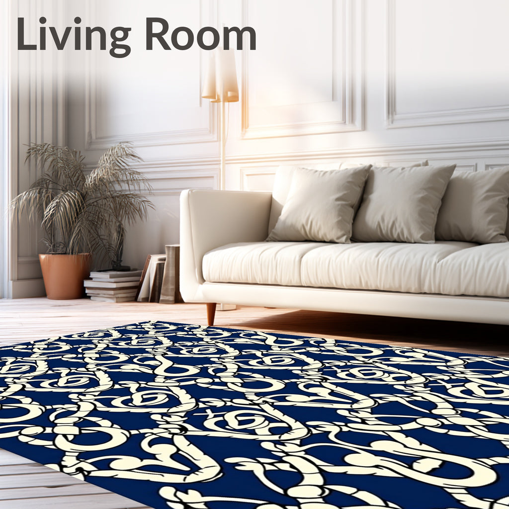 Cream and Navy Intertwined Damask Rug
