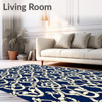 Cream and Navy Intertwined Damask Rug