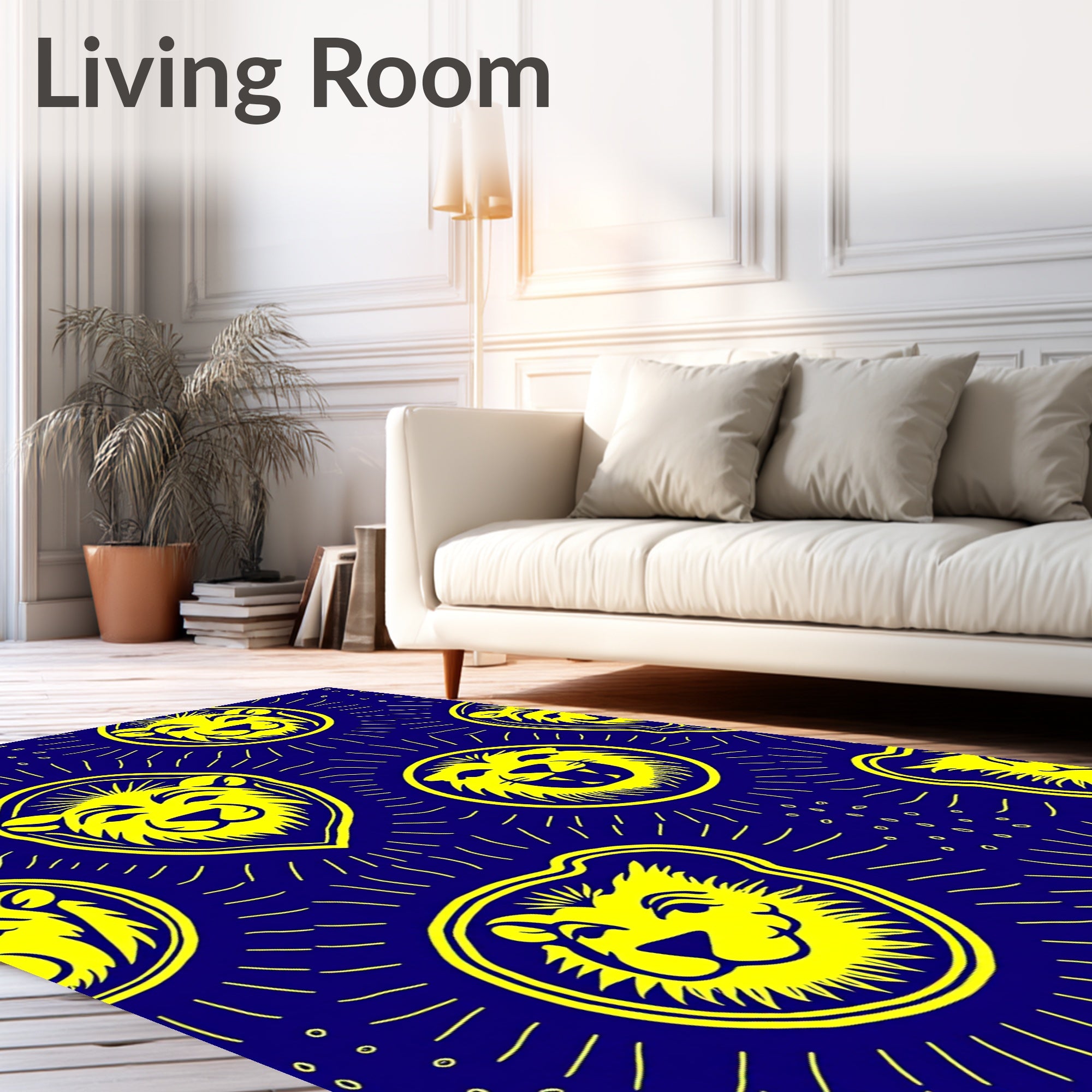 Bold Yellow Lion Faces Navy Field Rug