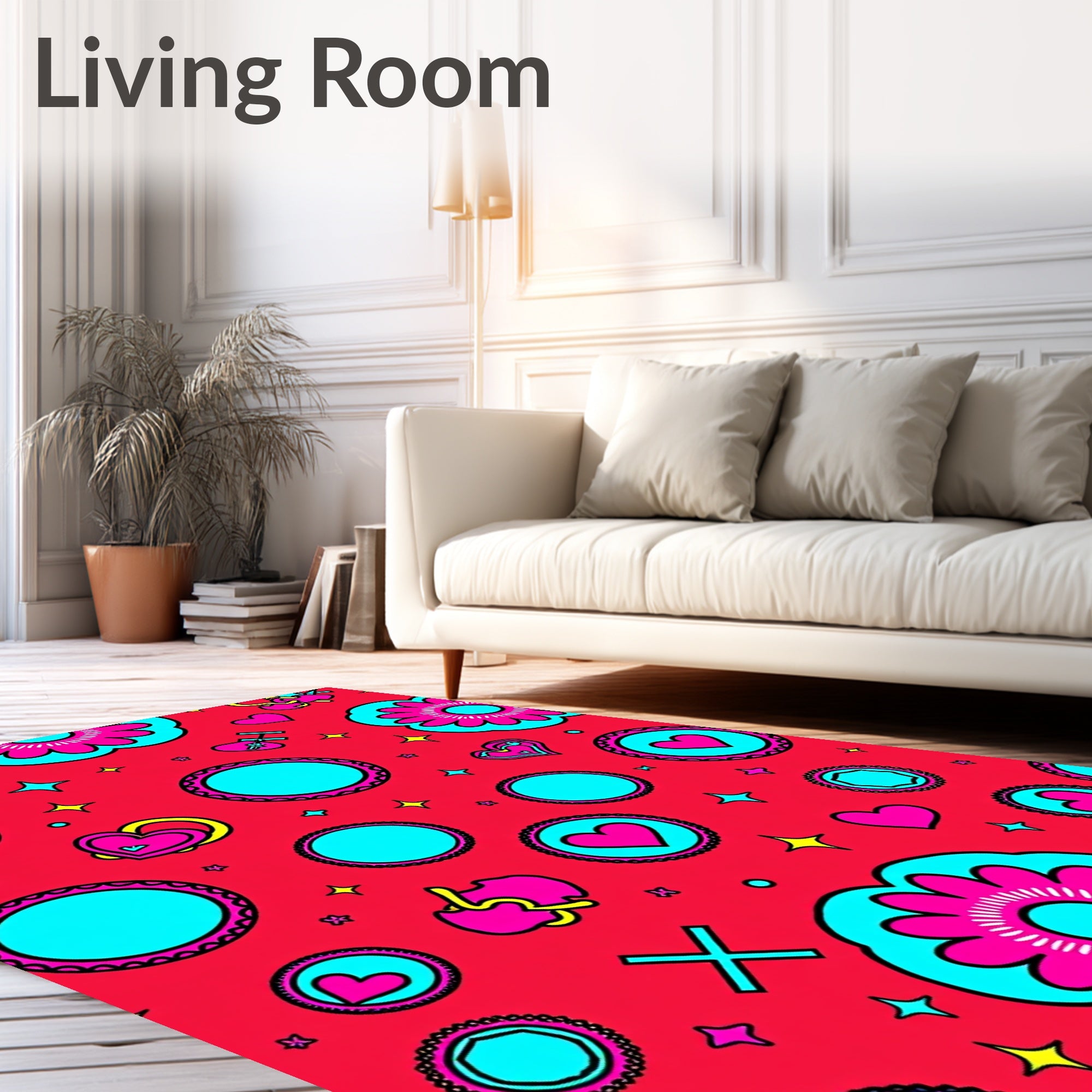 Red Hot Pink Turquoise Floral Heart Medallion Rug