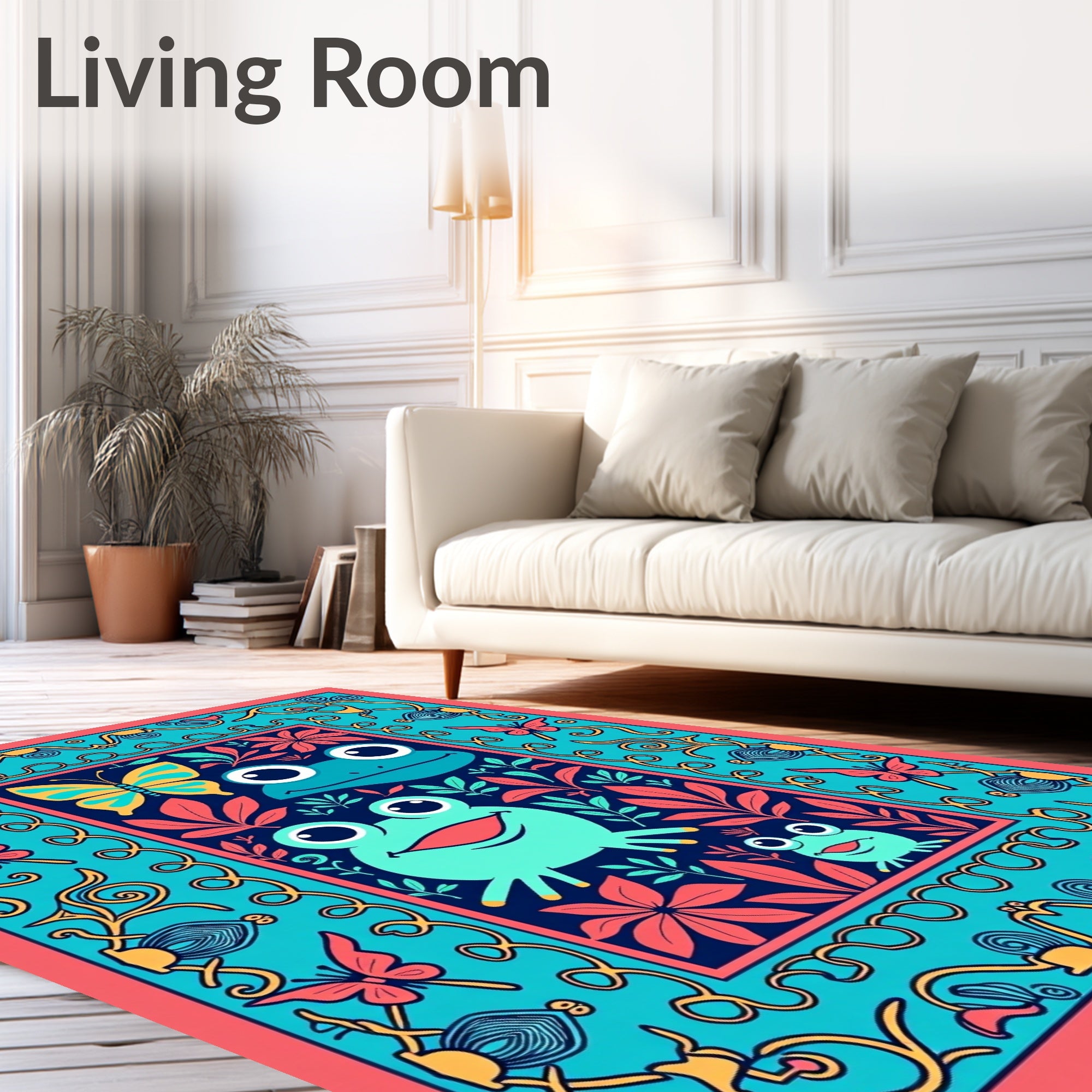 Whimsical Frog Butterfly Coral Garden Rug