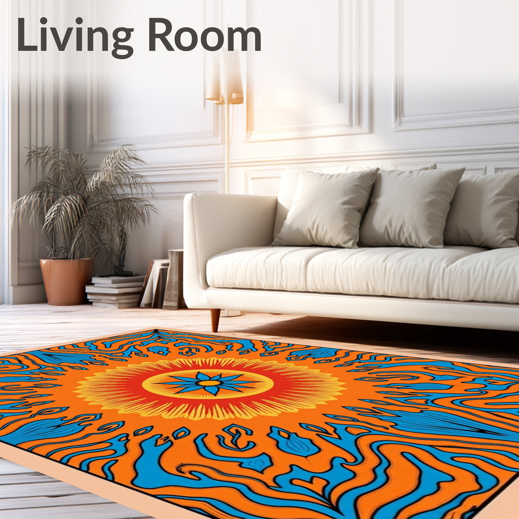 Vibrant Orange Blue Sunburst Mandala Rug