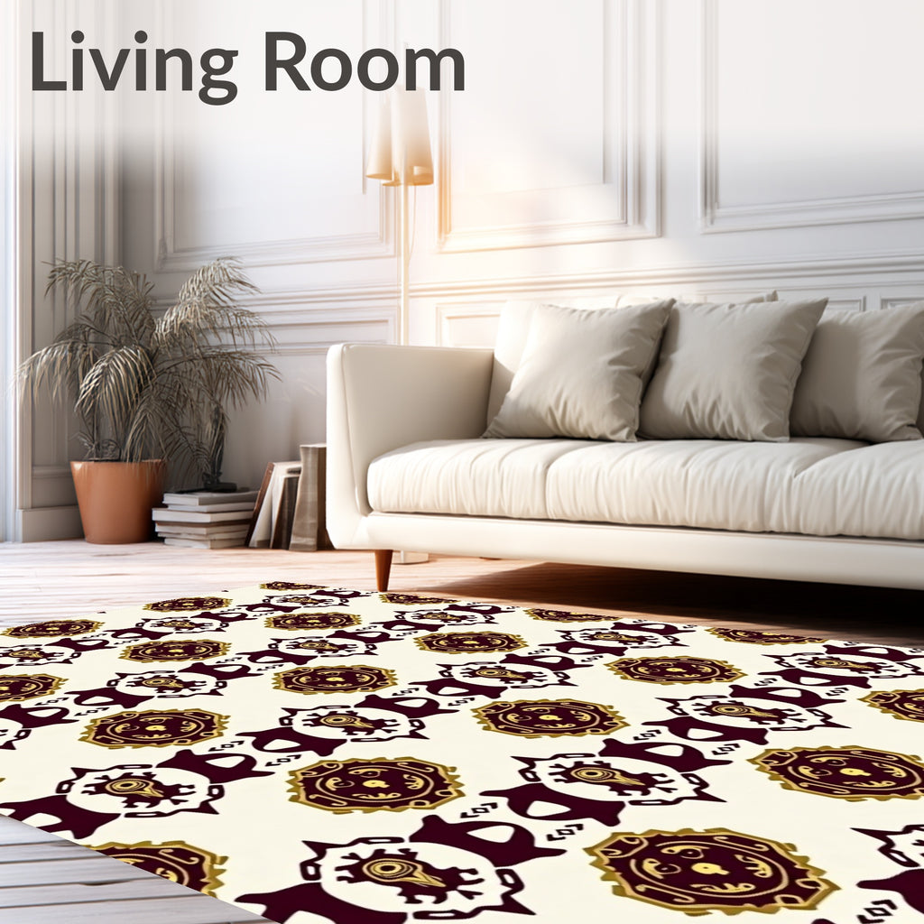 Maroon Gold Emblem Geometric Stripe Rug