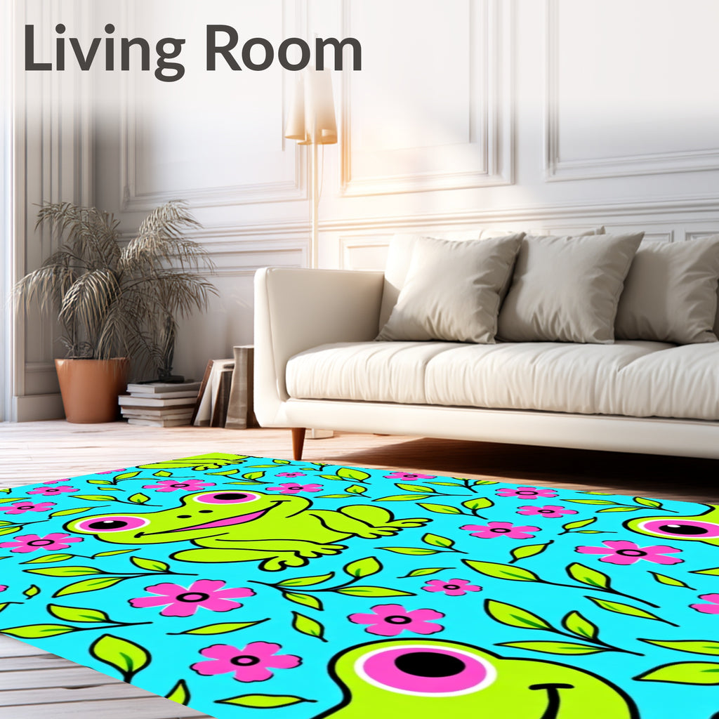 Cheerful Green Frogs Pink Flowers Meadow Rug