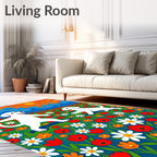Playful White Dogs Meadow Floral Sky Rug