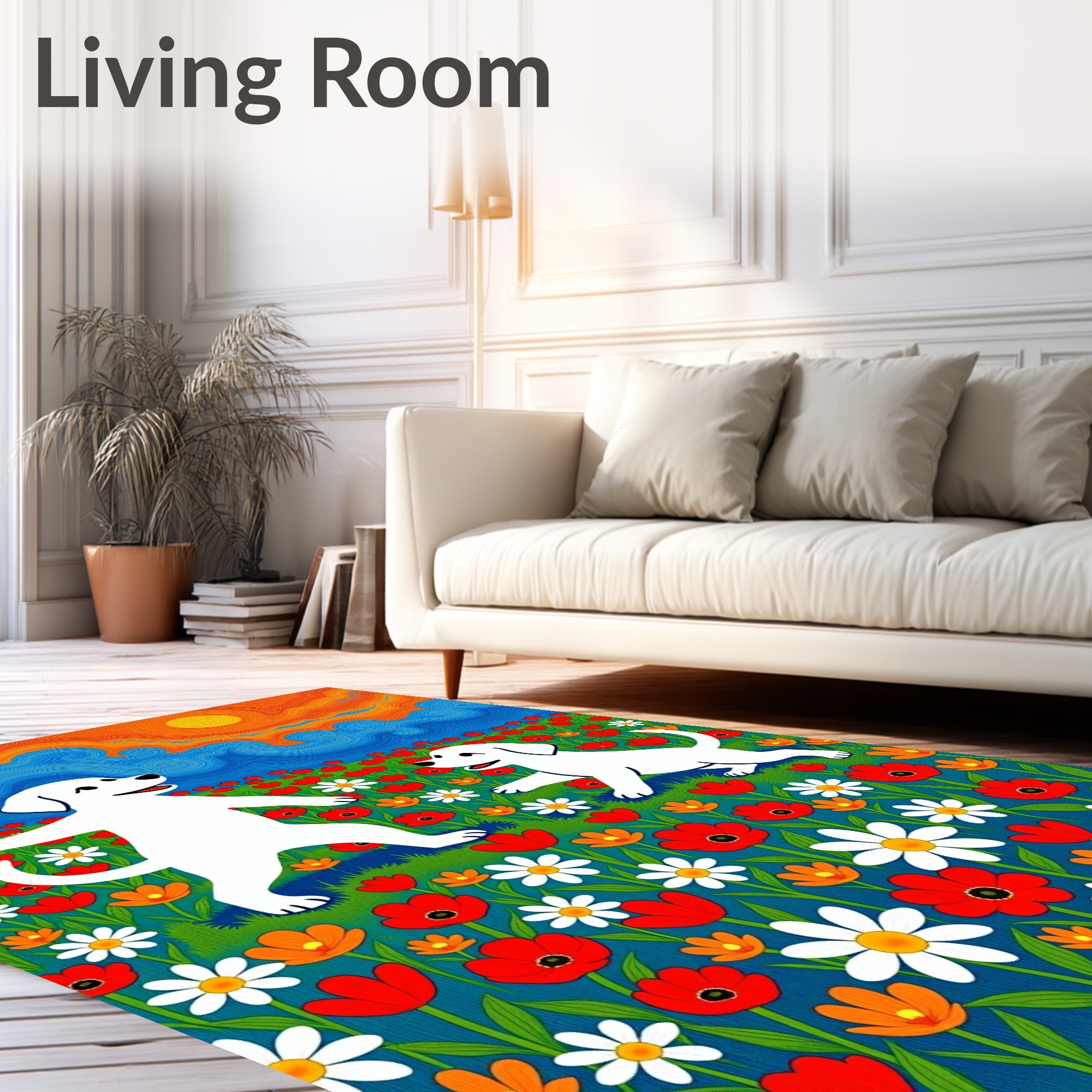 Playful White Dogs Meadow Floral Sky Rug
