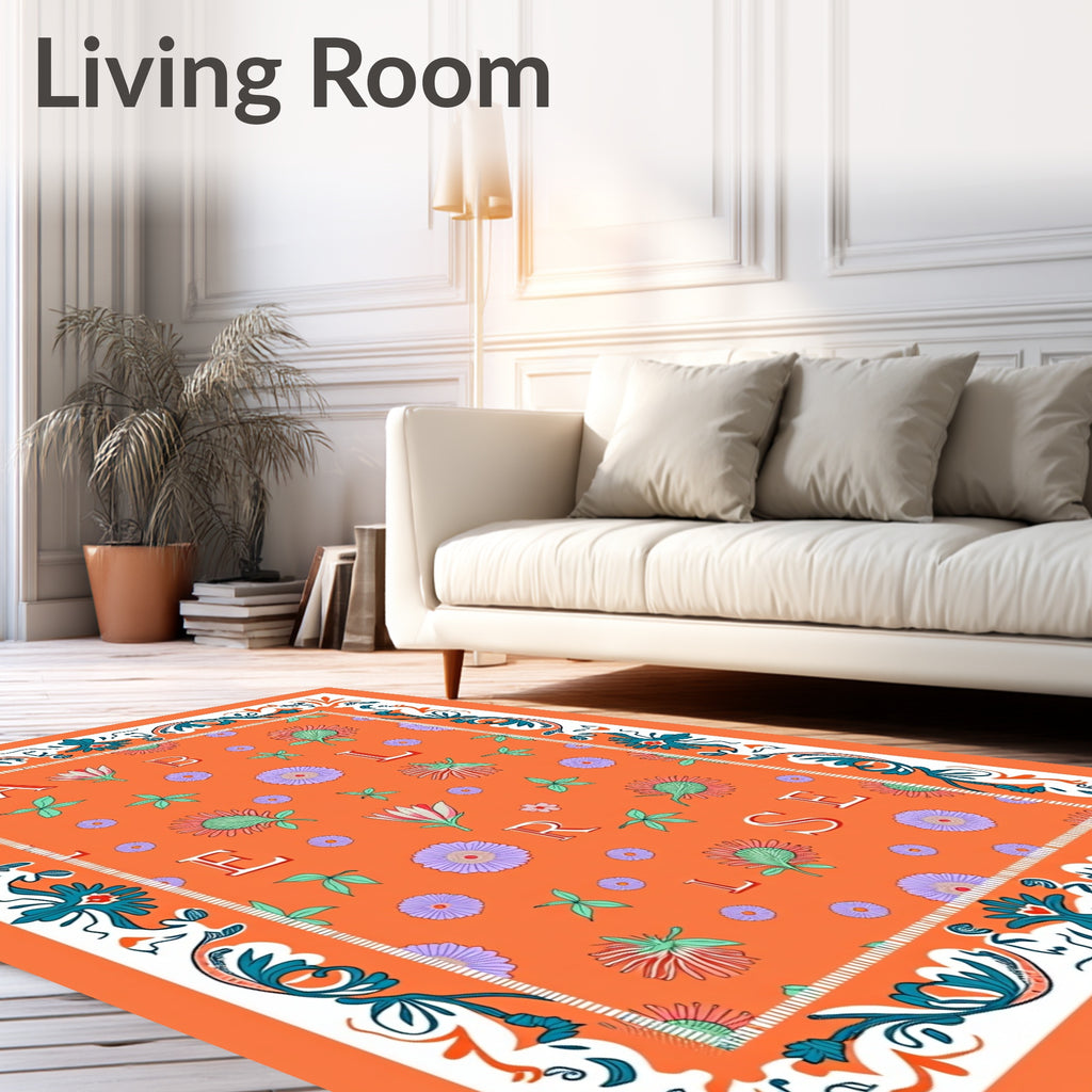 Orange Floral Alphabet Border Rug