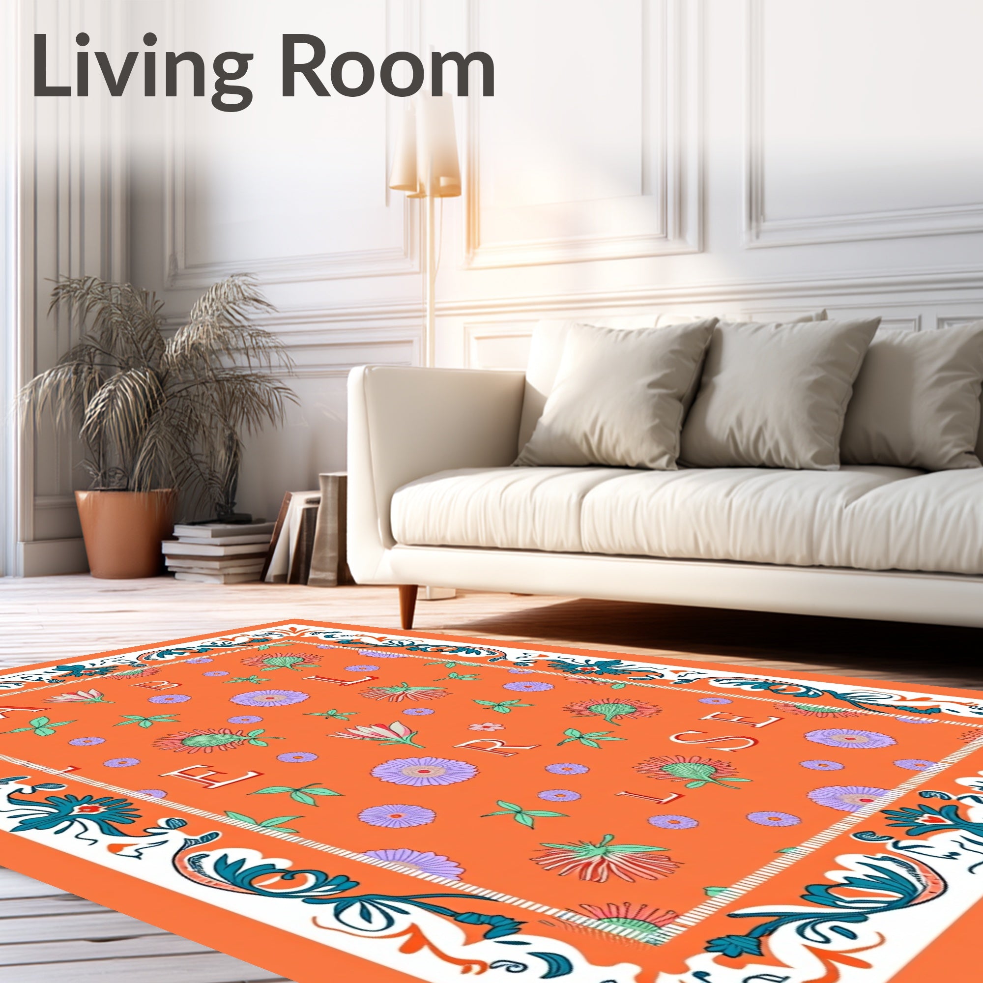 Orange Floral Alphabet Border Rug