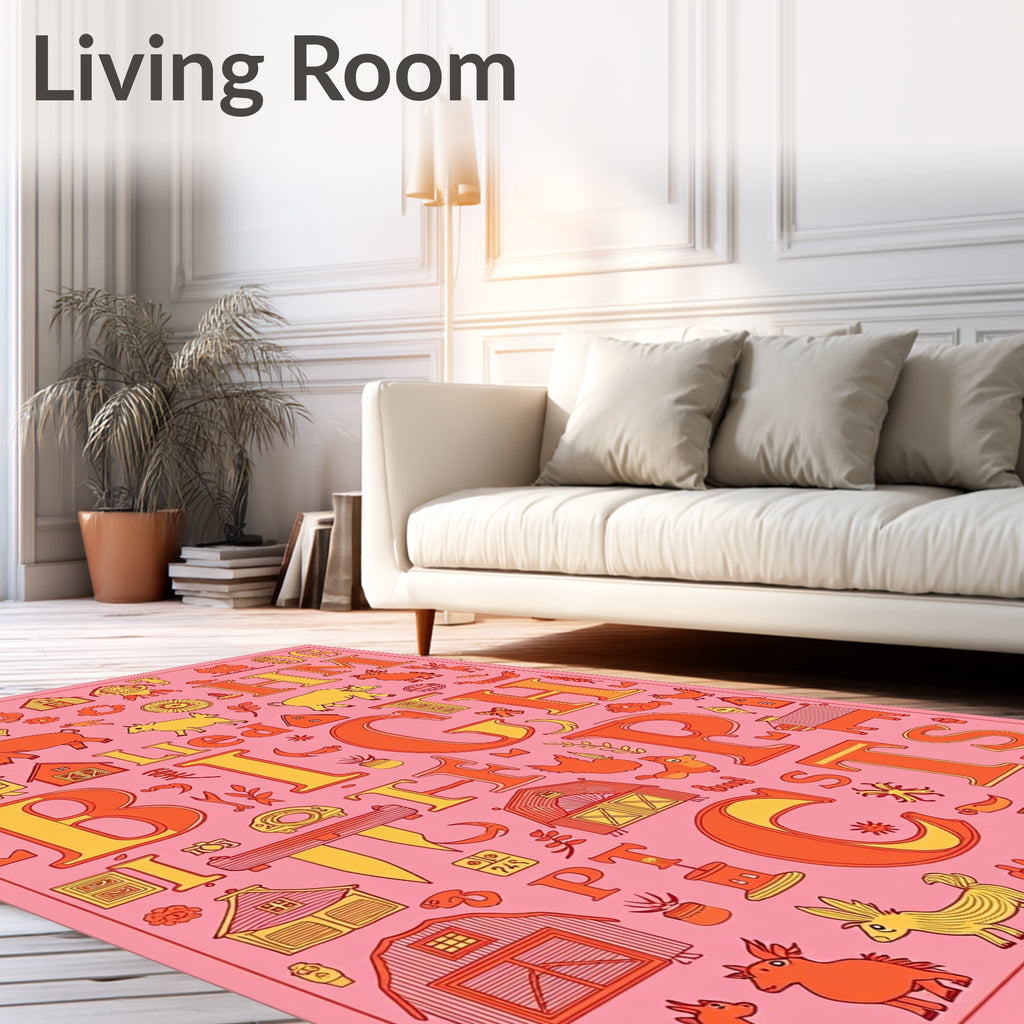 Farm Alphabet Whimsical Pink Orange Rug