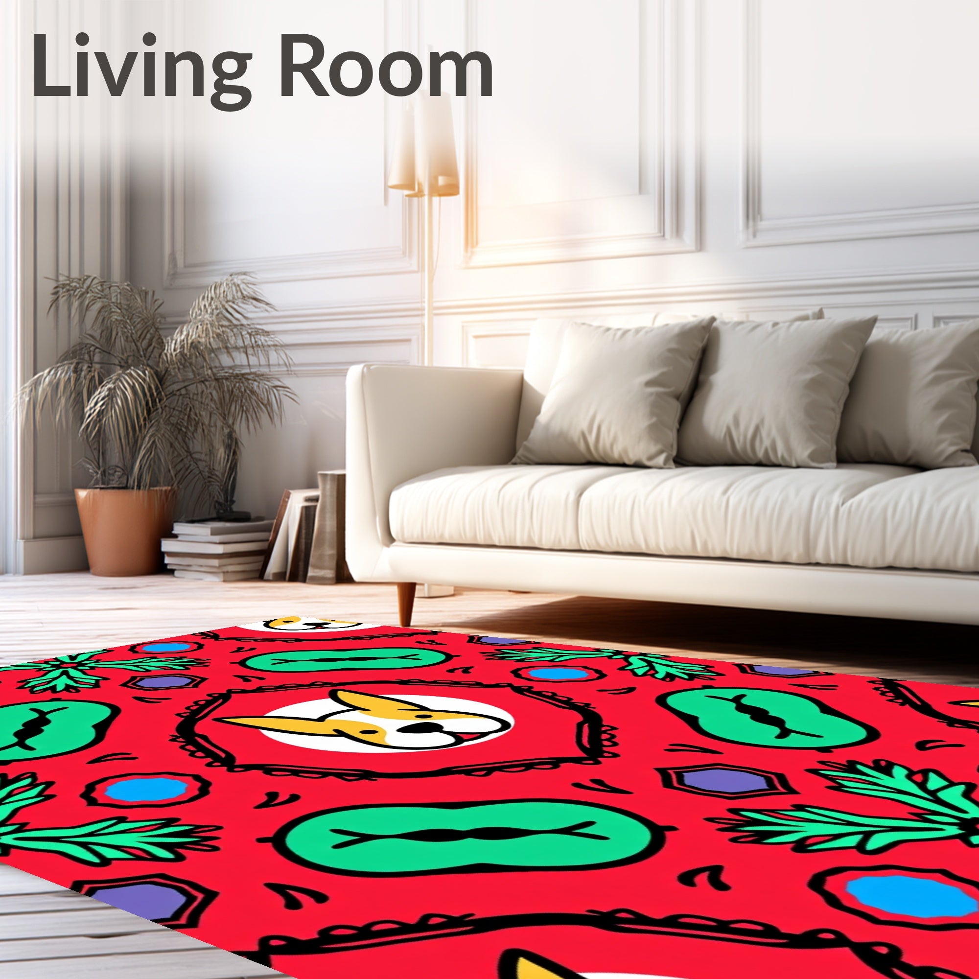 Whimsical Red Corgi Floral Medallion Rug