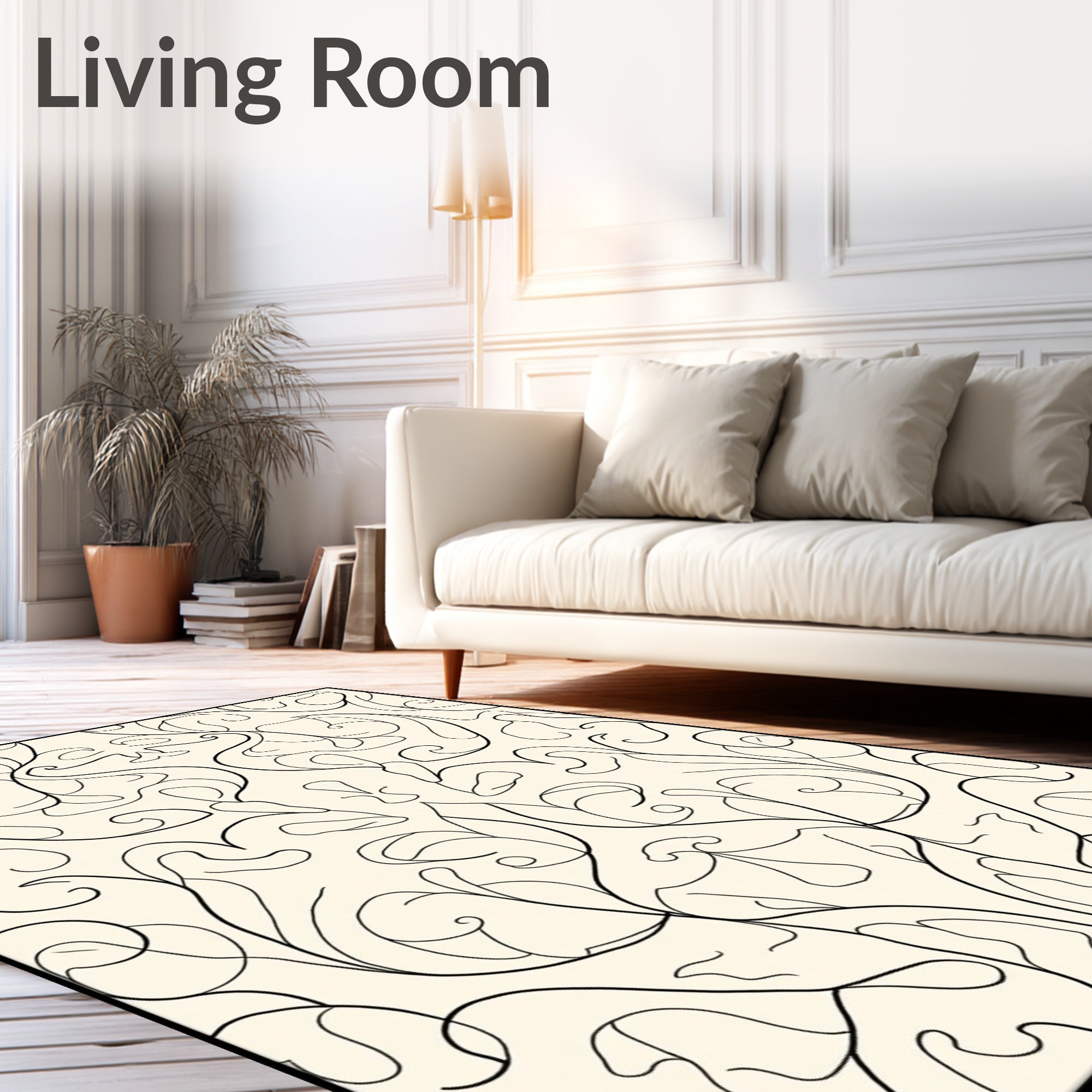 Cream Black Swirling Botanical Damask Rug