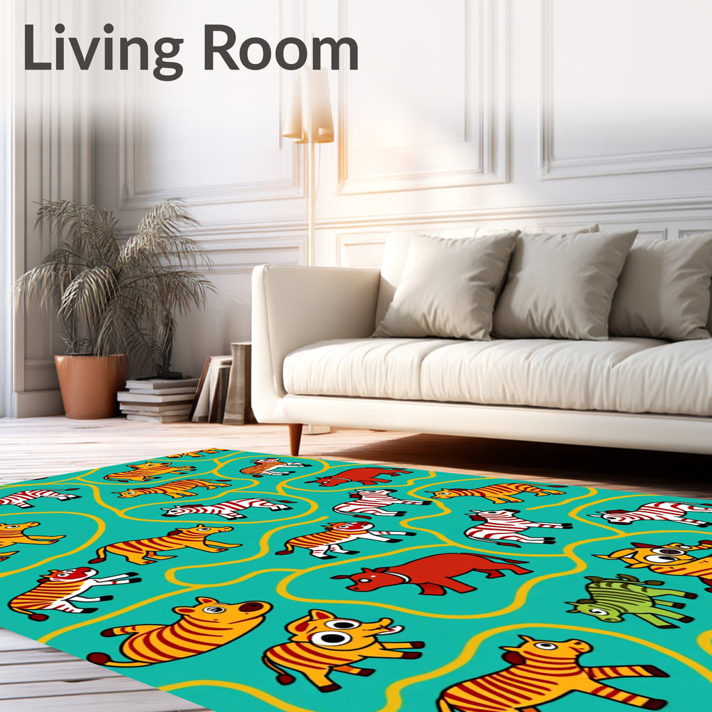 Playful Zebras Teal Animal Arrangement Rug