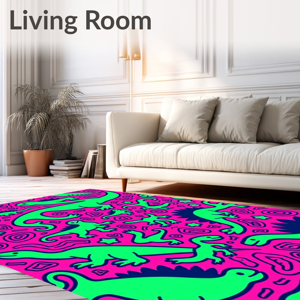 Vibrant Neon Dinosaur Jungle Playful Rug