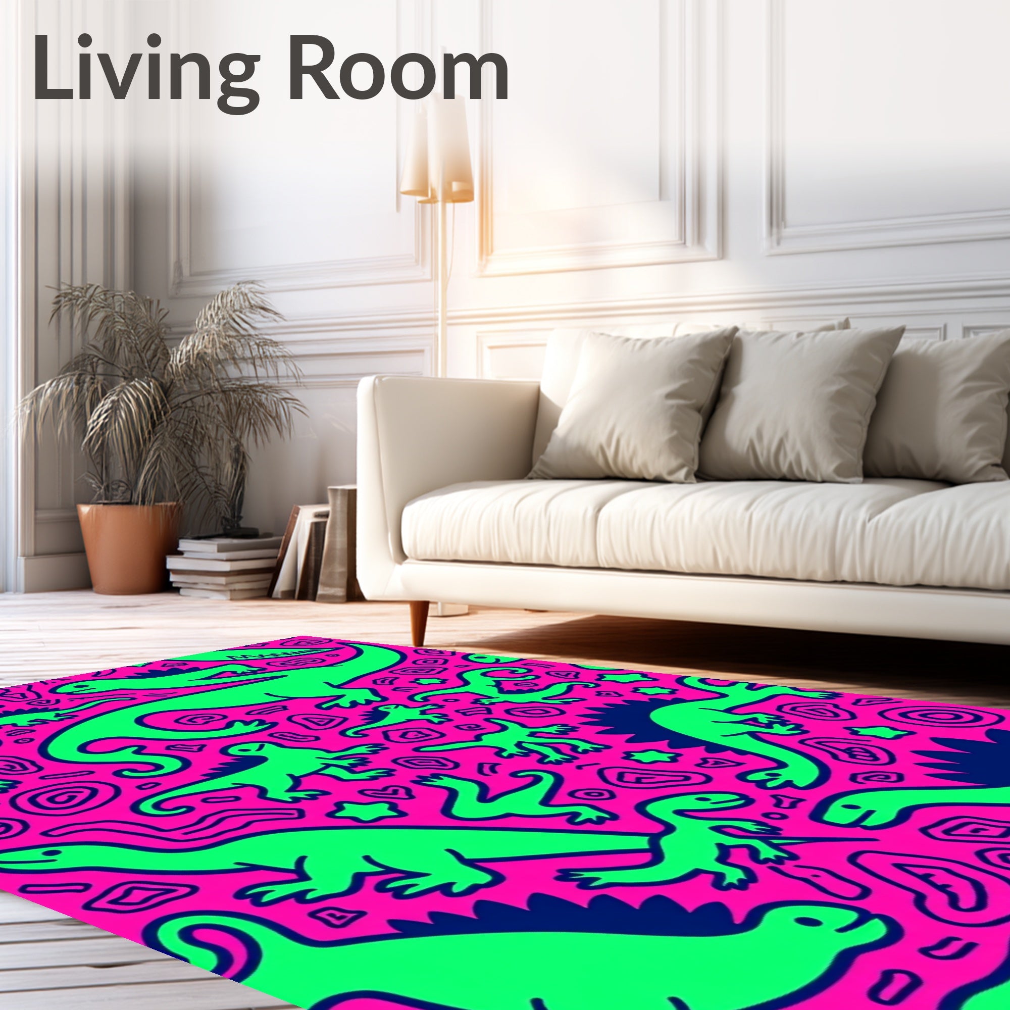Vibrant Neon Dinosaur Jungle Playful Rug
