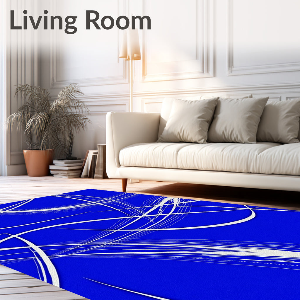 Vibrant Blue White Brushstroke Swirls Rug