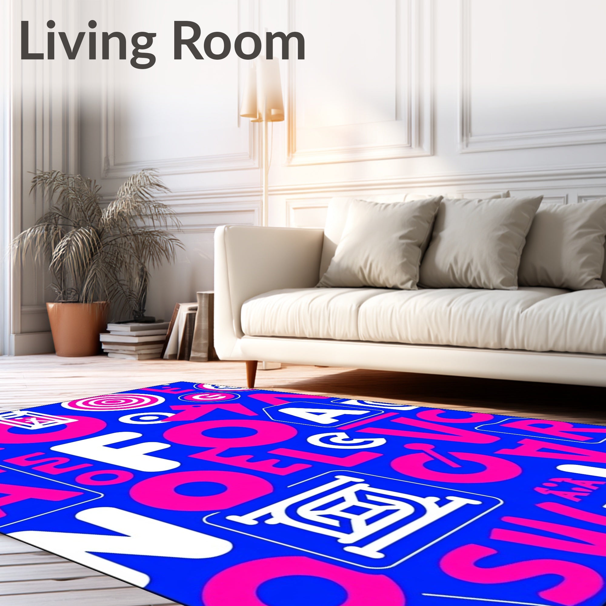 Bold Blue Pink Typographic Collage Rug
