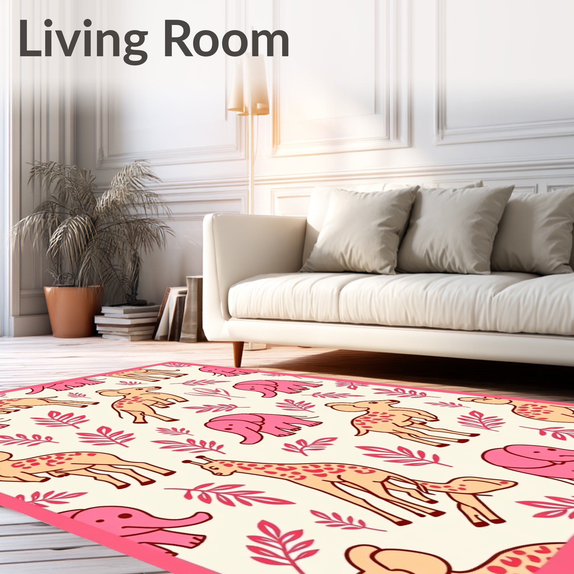 Pink Giraffes Elephants Coral Foliage Rug