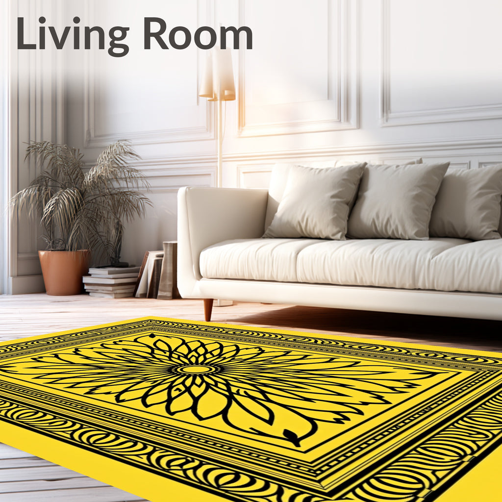 Vibrant Yellow Floral Sunburst Border Rug