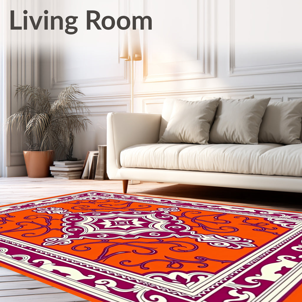 Vibrant Orange Plum Medallion Border Rug